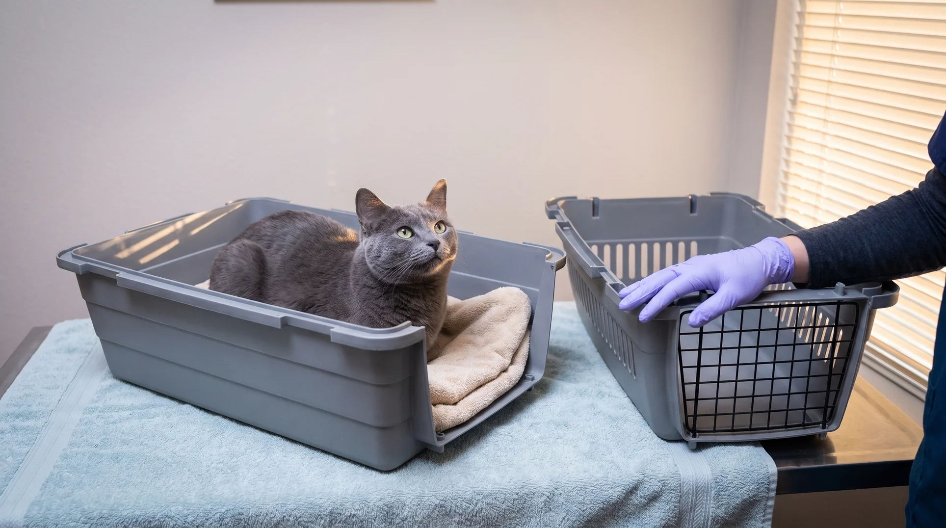 Albus, el gato gris, sentado en la mitad de abajo de su transportadora sobre una toalla, en la mesa de la clínica; al lado, la tapa de la transportadora y una mano con guante lila.