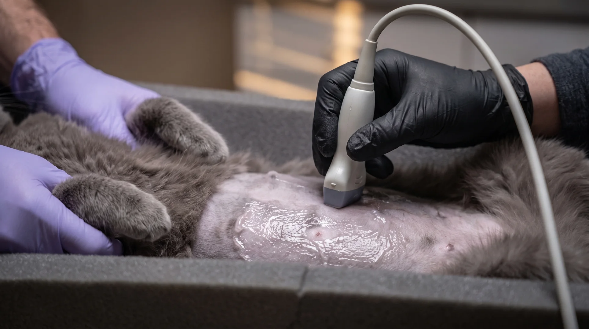 De cerca: una mano con guante negro apoya la sonda sobre el abdomen rasurado de Albus, con gel; unas manos con guantes lila le sujetan las patas.