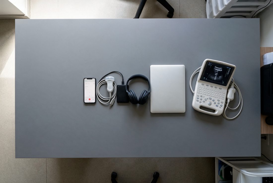 Vista cenital de un escritorio con las piezas de un mismo
                  estudio separadas: un teléfono, la sonda del ecógrafo, un disco
                  externo, unos auriculares, un portátil cerrado y el ecógrafo
                  portátil.