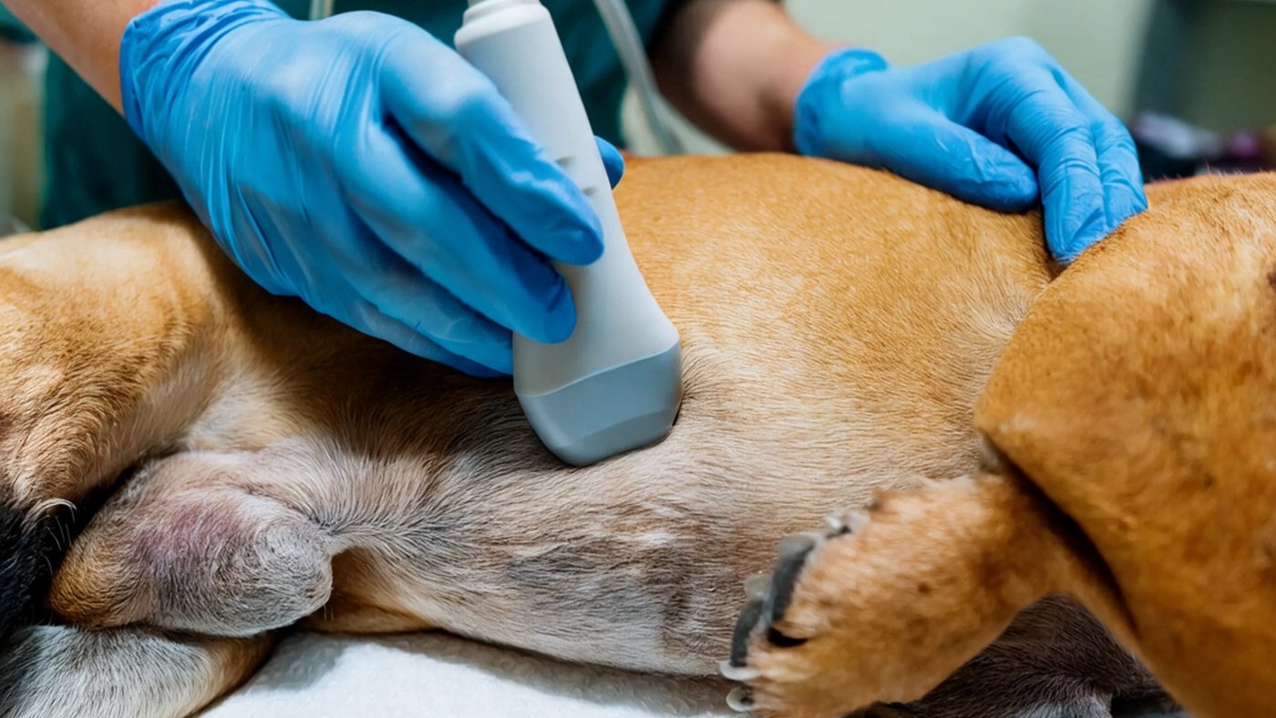 Detalle de dos manos con guantes azules: una sostiene la sonda de
                ecografía sobre el abdomen rasurado de un perro, la otra lo apoya
                con suavidad.