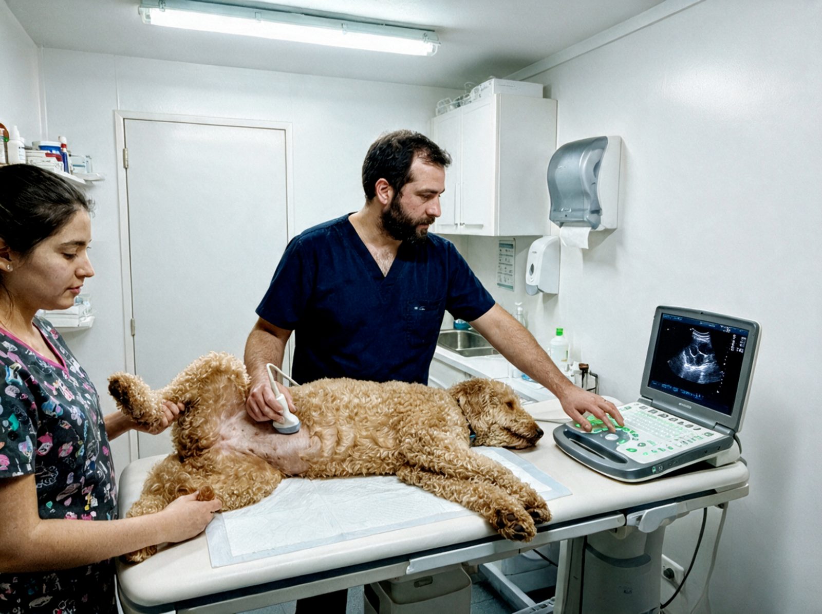 Dos profesionales durante una ecografía abdominal: uno sostiene la
                sonda sobre el abdomen de un perro tranquilo mientras el otro
                opera el ecógrafo portátil.