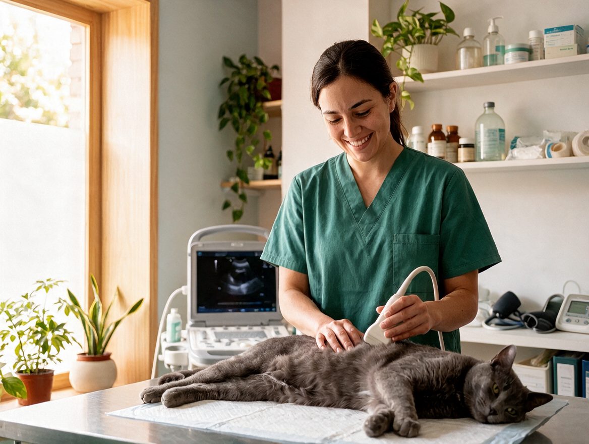Una veterinaria pasa la sonda de ecografía por el abdomen de un
                  gato gris tranquilo, recostado sobre un paño en una mesa de
                  acero.
